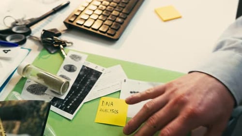 Detective is at his desk in his office looking at crime scene photos. Circle camera cinematic moveme