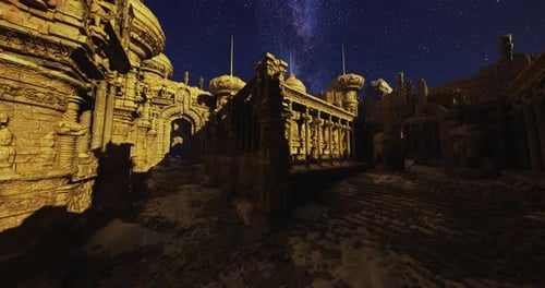 Ancient Temple Ruins Under a Starry Sky at Night in a Mystical Landscape