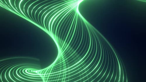 Abstract green waves from lines and dots particles of glowing swirling futuristic hi-tech with blur