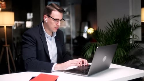 Business Man Talking On Video Conference Online In Office Handsome Worker Having Video Call On