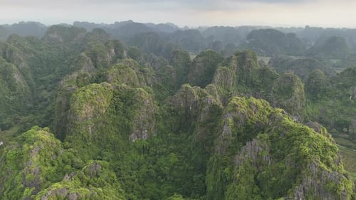 Aerial View of Limestone Mountains Covered with Green Jungle Ninh Binh Vietnam