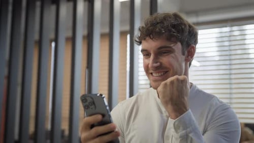 Caucasian Businessman Office Worker Manager Employer Business Successful Man Win with Mobile Phone