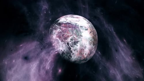Rotating Futuristic Planet in Purple Cosmic Nebula