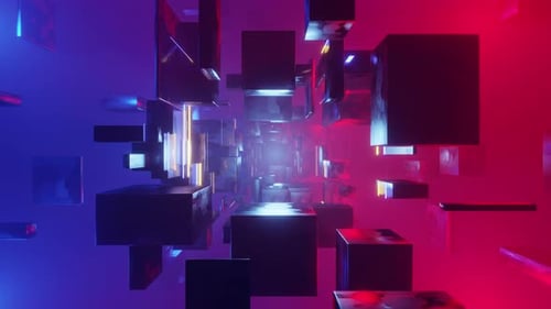 Sci-fi tunnel in a foggy space with rotating geometry shrinks and expands 3d render. Industrial