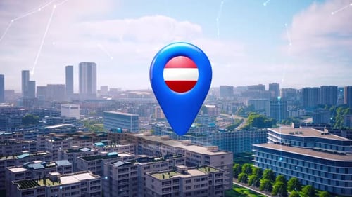 3D Animated Location Pin with Austrian Flag Over City