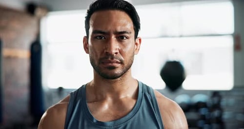 Gym, tired and face of asian man for fitness, physical workout and exhausted with sweat for training