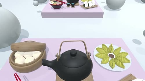 Modern Animated Asian Food Items on Rising Platform
