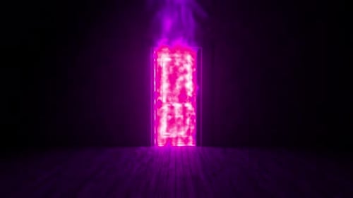 Mysterious pink and purple glowing door opening in a dark room