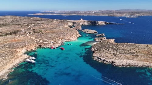 Aerial view of Blue Lagoon on Comino Island, Malta