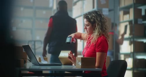 Warehouse Worker Scanning Package with Barcode Reader