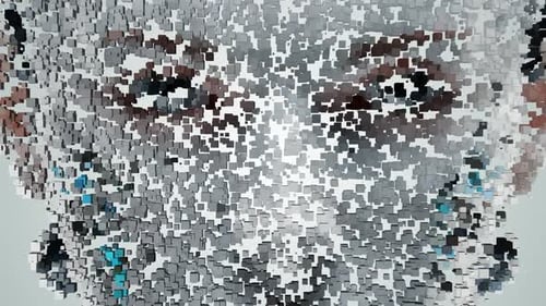 Das Gesicht einer künstlichen Intelligenz aus Würfeln, exklusives, einzigartiges Design, heller Hintergrund
