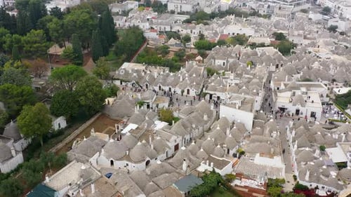 The traditional Trulli houses in Alberobello city, Apulia, Italy. Cityscape over the traditional roo