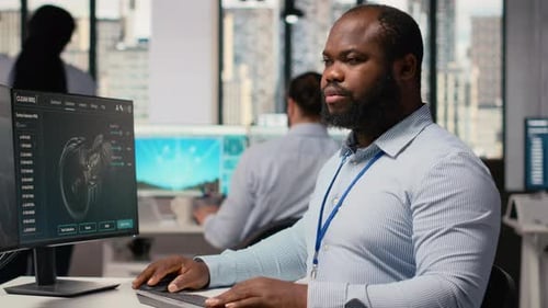 Engineer in Office Works on Wind Turbine CAD Design Sustainable Energy Research