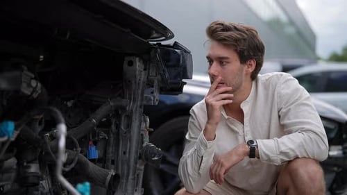 Concerned Man Inspecting Damaged Car Outside