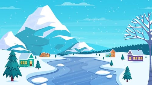 Animated Flat Design Winter Landscape with Falling Snow