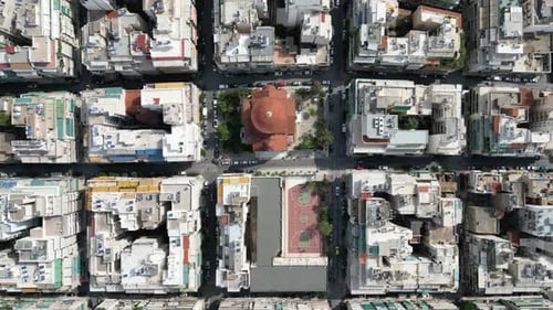 Aerial view of buildings and streets, Greece.