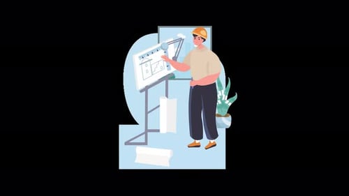 Creative Builder trabaja en planos de construcción en una ilustración de espacio de trabajo moderno