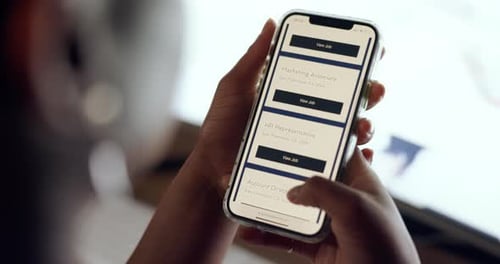 Job search, smartphone screen and hands on recruitment website, we are hiring