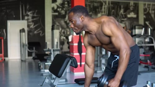 Shirtless Muscular Man Working Out With Dumbbell in Gym