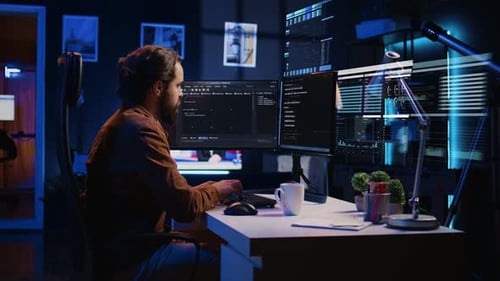 Trabajador independiente que trabaja en una computadora utilizando tecnología de realidad aumentada AR para codificar