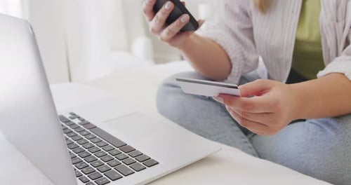 Woman Shopping Online With Laptop, Phone and Card
