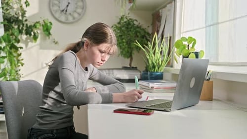 Teenager Studying with Laptop at Home Desk