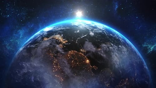 Earth Globe Rotation with Sunrise and City Lights from Space