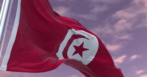 Realistic National Flag of Tunisia Waving Against Cloudy Sky