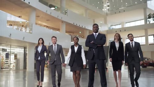 Confident Business Team Walking Forward in Modern Building