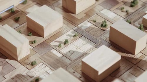 Panorama on Projection Residential Quarter with Detailed Planning From Wood Objects. Top