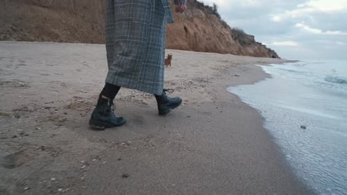 Beautiful Redhead Ukrainian Woman in Coat Walks Along the Sea with Small Longhaired Chihuahua Dog in