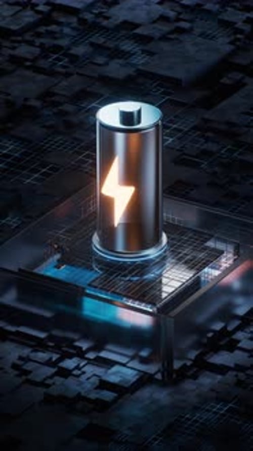 Futuristic 3D Battery Charging on Digital Circuit Background