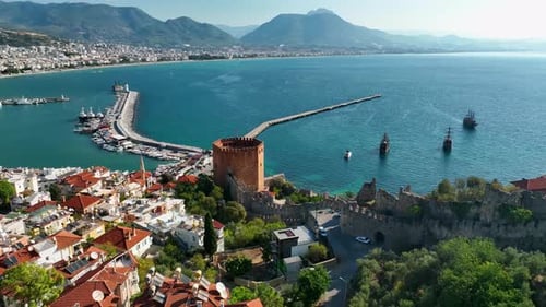 Alanya Kalesi Luftbild 4 K Roter Turm Blaues Meer Morgensonne Roter Turm