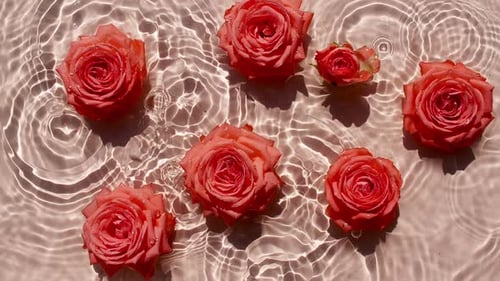 Flowers Roses on Water Surface with Drops