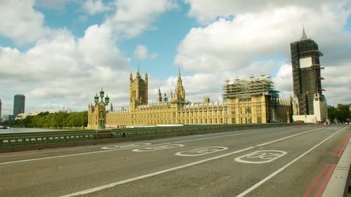 Lockdown in London, empty Westminster Bridge streets with the Houses of Parliament and Big Ben under