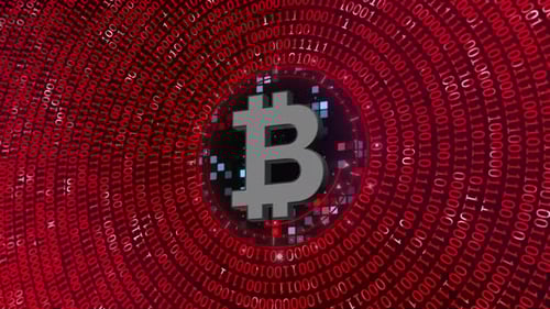 Animated Bitcoin Symbol on Red Digital Binary Code Background