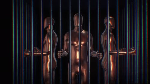 Four Abstract Figures Trapped Inside A Spinning Cage
