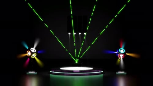 Futuristic Stage with Colorful Spotlights and Green Lasers
