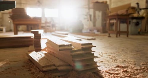 Woodwork, workshop and material for carpentry with furniture manufacturing business in industry