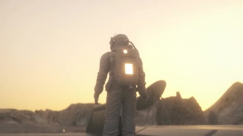 Alone astronaut on a distant planet. Exploring and research mission, colonization concept