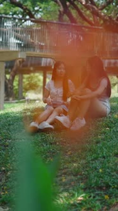 Two Teenagers are Sitting on the Grass in a Park Looking at a Smartphone and Talking