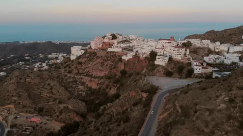 The white village Mojácar during sunset. Aerial shot.
