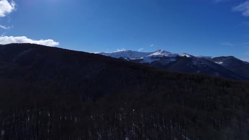 Drone Aerial Video Flying Forward Over Dark Winter Forest Towards Snowy Mountains in Abruzzo Italy
