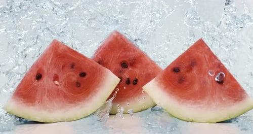 Fresh water splash on red watermelon. Shot on super slow motion camera 1000 fps.