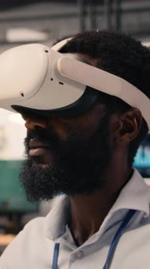 Vertical Video Black Man Virtual Reality Simulation VR Headset Modern Office