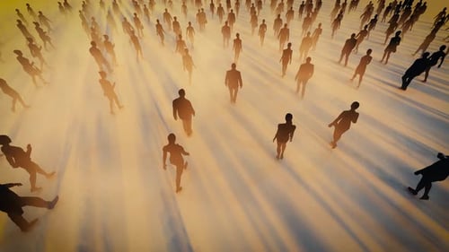Aerial View of Silhouette Group of People Walking into the Mist 3D Animation