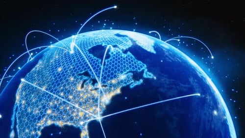 3D-Grafikkonzept Spinning Earth vom Weltraum aus gesehen, abgedeckt durch Digitalisierung Grid Network Covering
