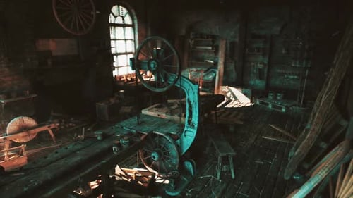 Old Carpentry Workshop Filled with Vintage Tools and Rustic Wooden Features