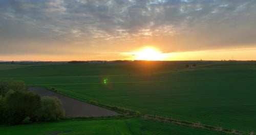 Aerial View of Green Field at Golden Sunset