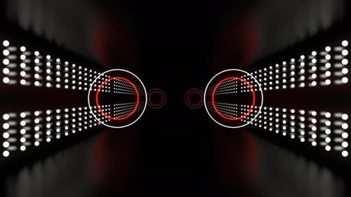 Digitaler Korridor in Weiß und Orange mit hellen Neonkreisen im Hintergrund, VJ Loop in 4K